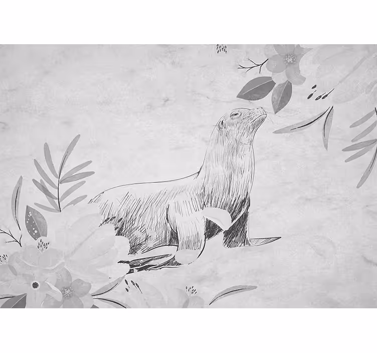 Kitchen roller blind with swimming gray seals and flowers - TenStickers
