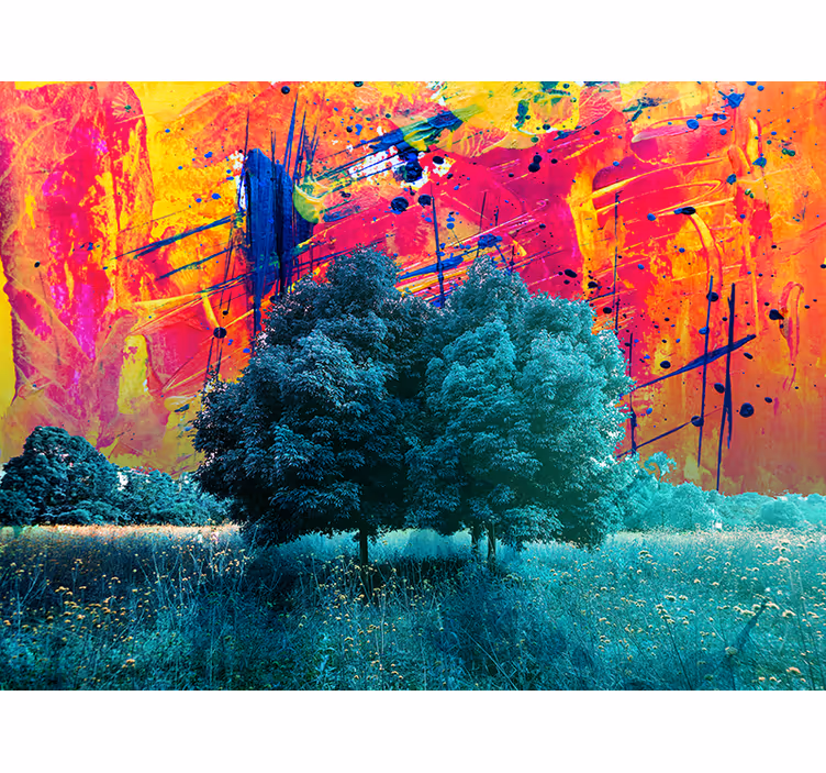 Living room roller blind colorful field landscape with trees - TenStickers