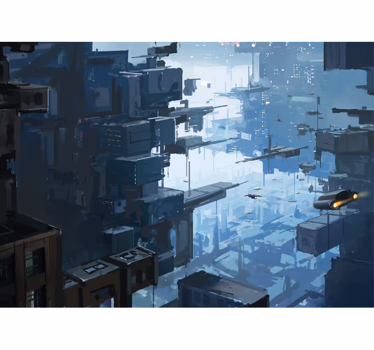 Living room roller blind futuristic city with spaceships - TenStickers