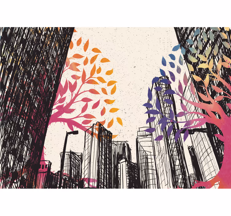 Living room roller blind with seasonal trees and skyscrapers - TenStickers