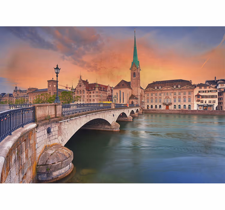 Living room roller blind lake zurich bridge - TenStickers
