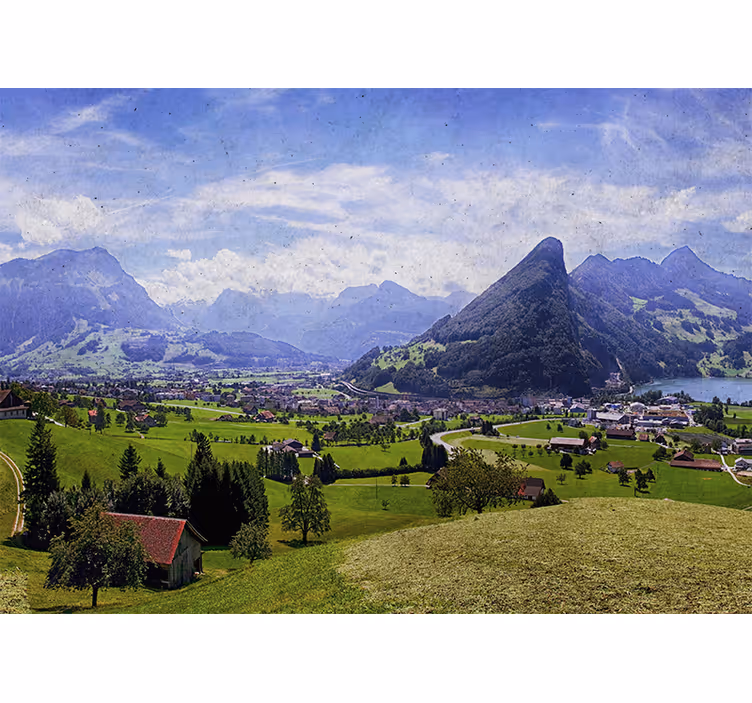 Living room roller blind with houses and mountains - TenStickers
