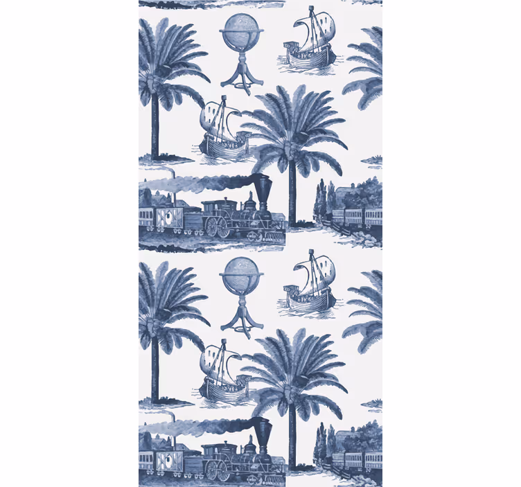 Vintage roller blind with palm trees and blue trains - TenStickers