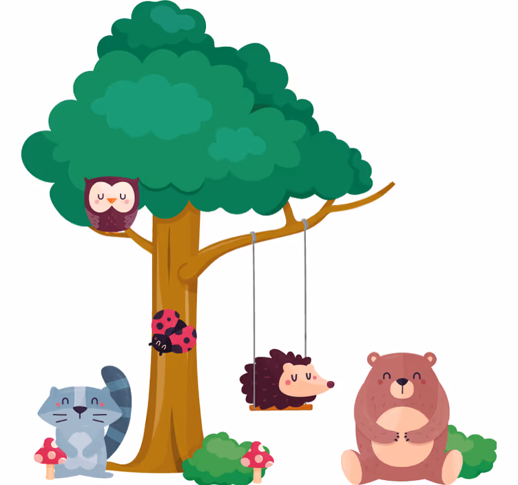 Kids roller blind featuring forest animals on a swing - TenStickers