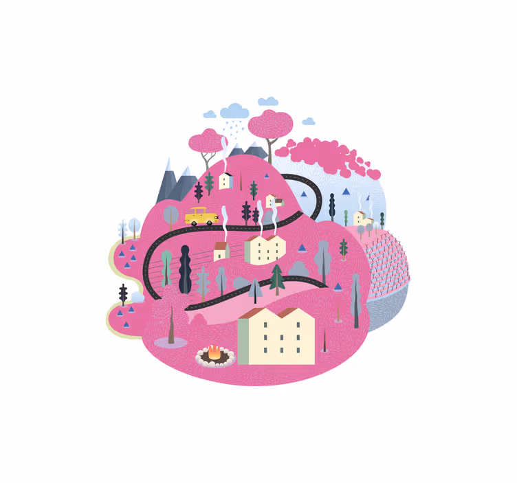Kids roller blind pink mountains with houses - TenStickers