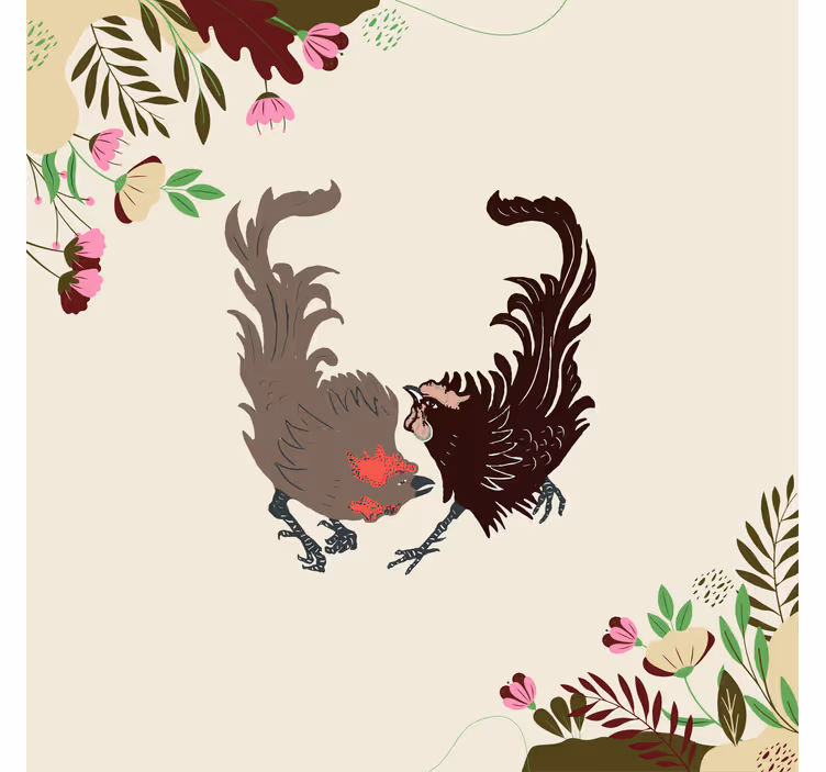 Beige roller blind with two roosters, leaves, and flowers - TenStickers