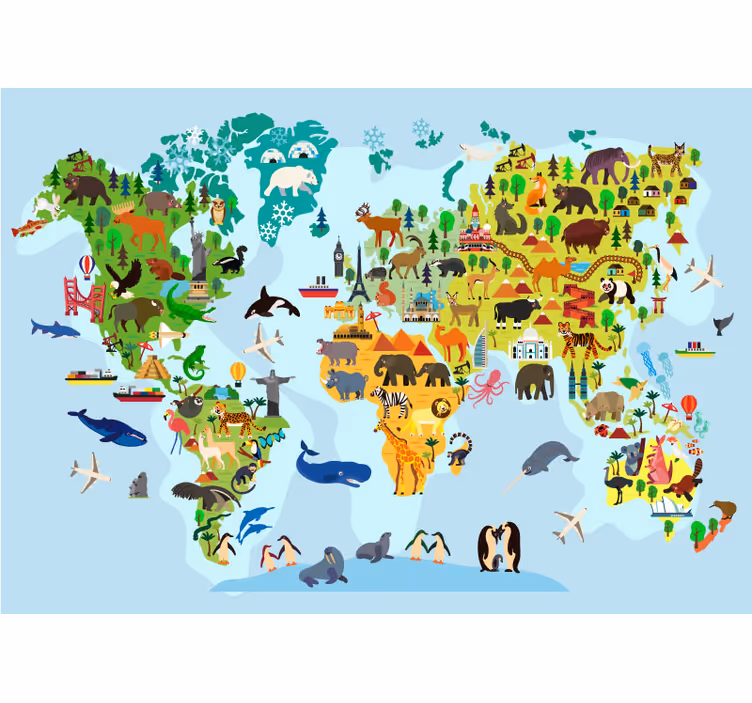 Children's world map roller blind with animals and monuments - TenStickers