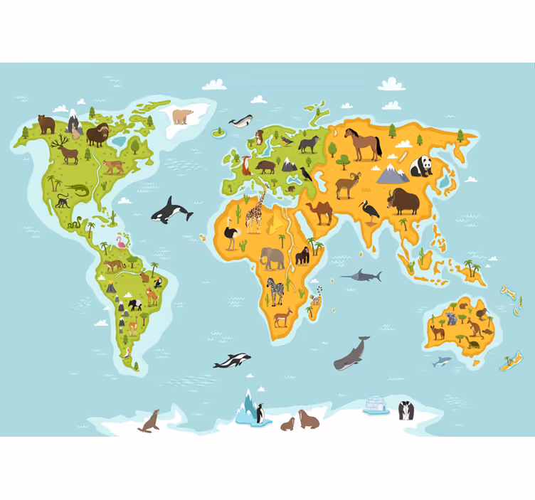 World map roller blind wildlife and plant mural - TenStickers