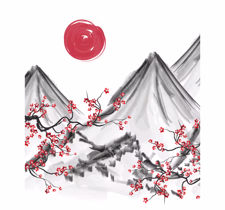 White wall mural japanese style red sun design - TenStickers