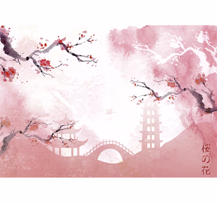 Pink wall mural cherry blossom landscape - TenStickers