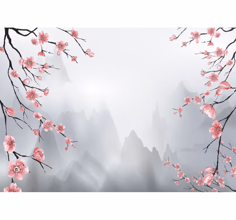 Grey wall mural with cherry blossoms and mountains - TenStickers