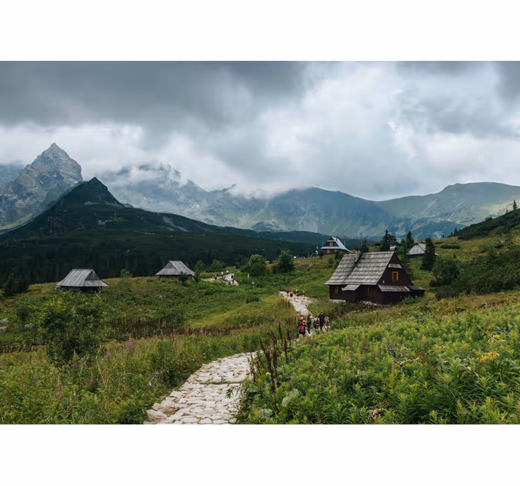 Green wall mural wooden houses in tatra mountains - TenStickers
