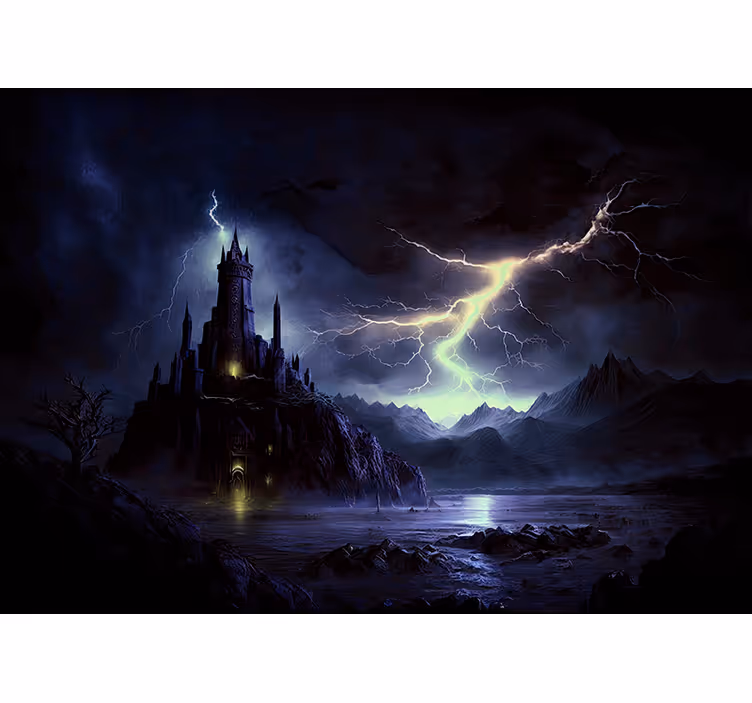 Black wall mural dark castle and storm scene - TenStickers