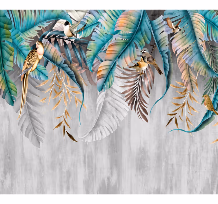 Nature wall mural colorful toucan leaves - TenStickers