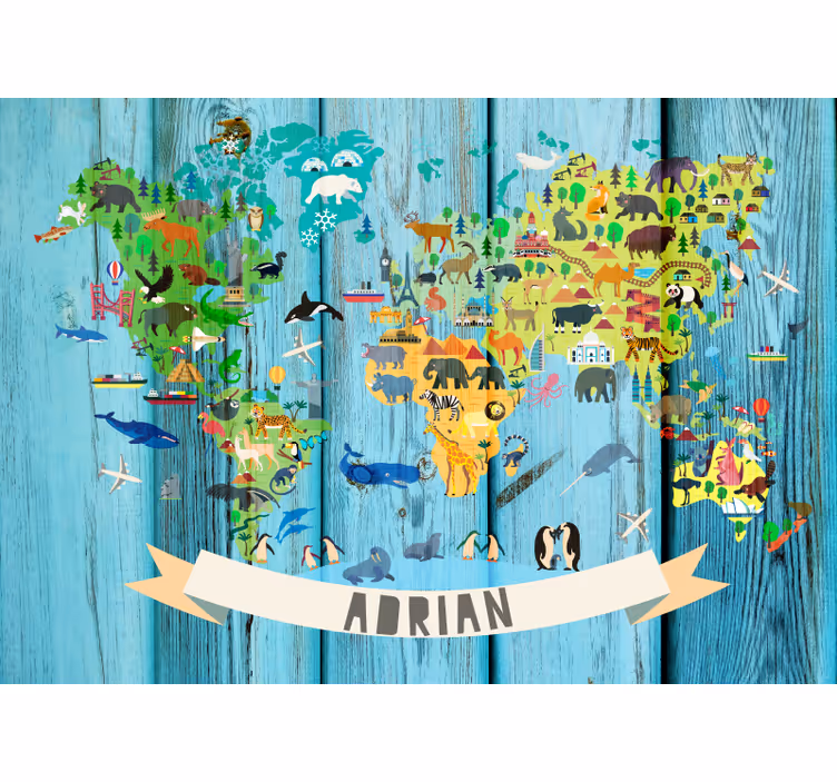 World map wall mural interactive animal map - TenStickers