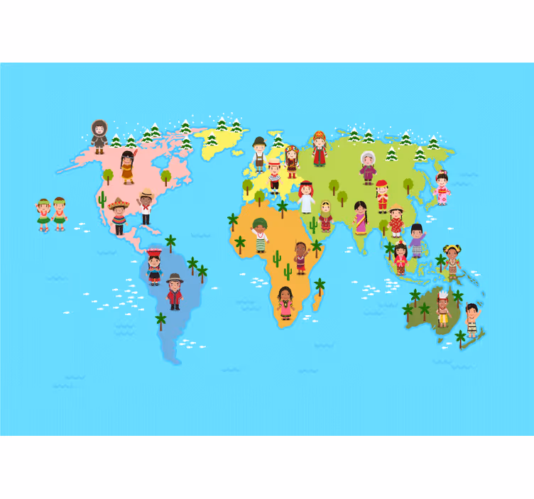 Cultural Map Characters world map wall mural - TenStickers