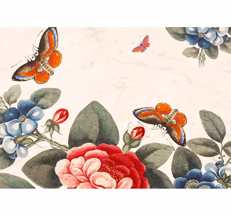 Flower wall mural fluttering insects and blossoms - TenStickers
