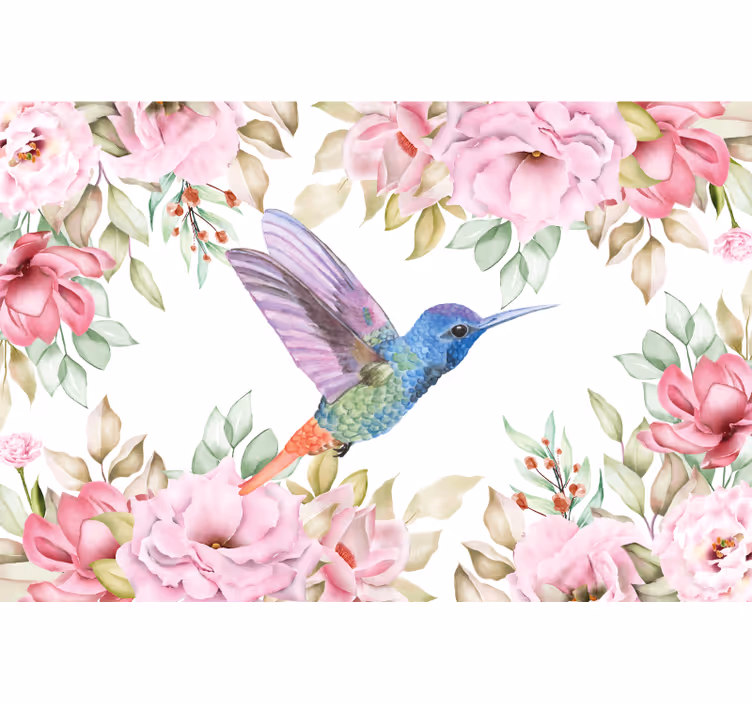 Flower wall mural hummingbird among blossoms - TenStickers