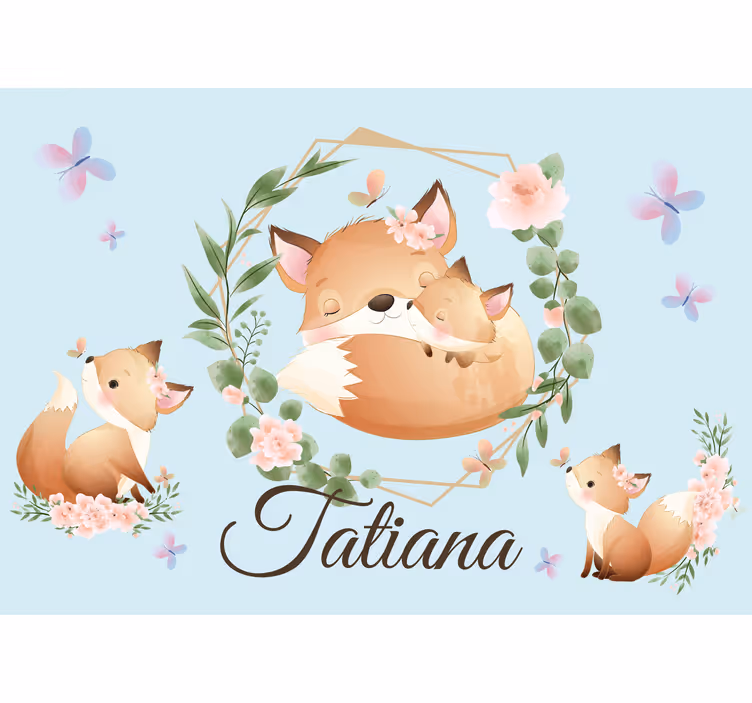 Cute Fox Family With Name kids wall mural - TenStickers