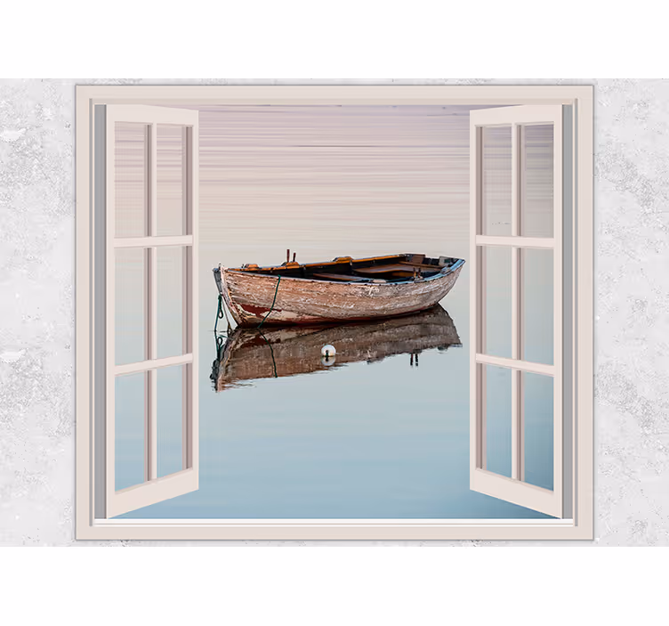 Lake wall mural rustic boat reflection art - TenStickers