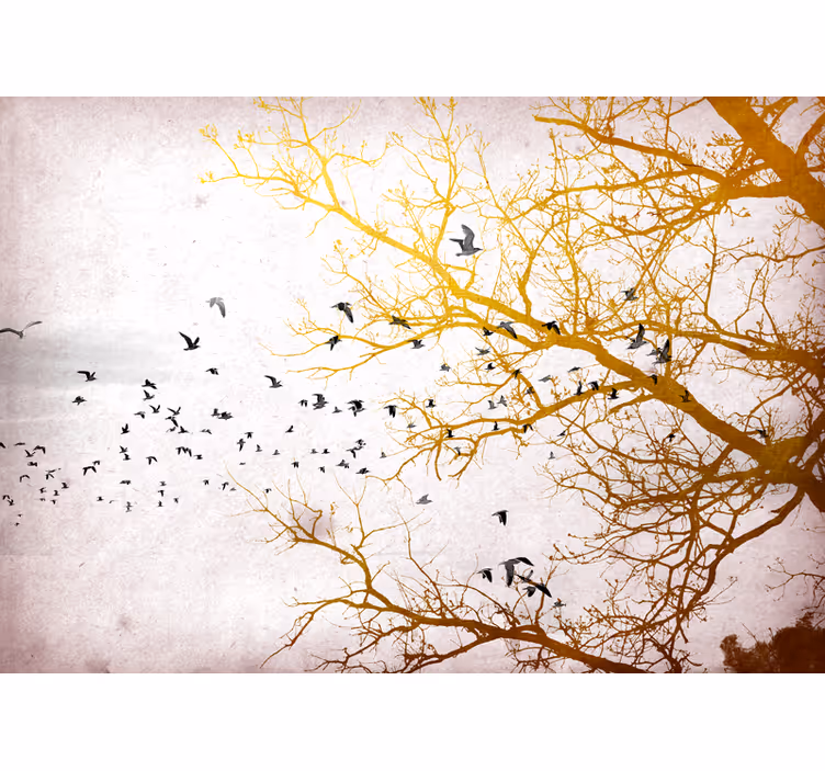 Nature wall mural golden branches and birds - TenStickers