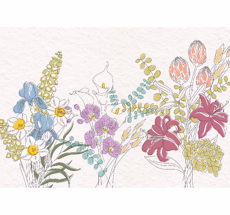 Fleurs dessinées panoramic wall mural - TenStickers