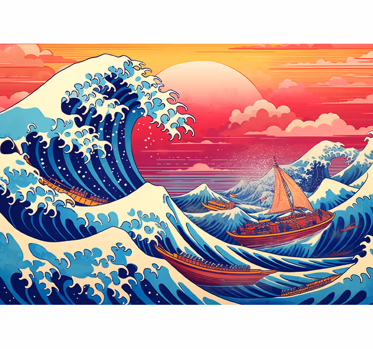 japanese wave saturated colors Classic Art Wall Mural - TenStickers