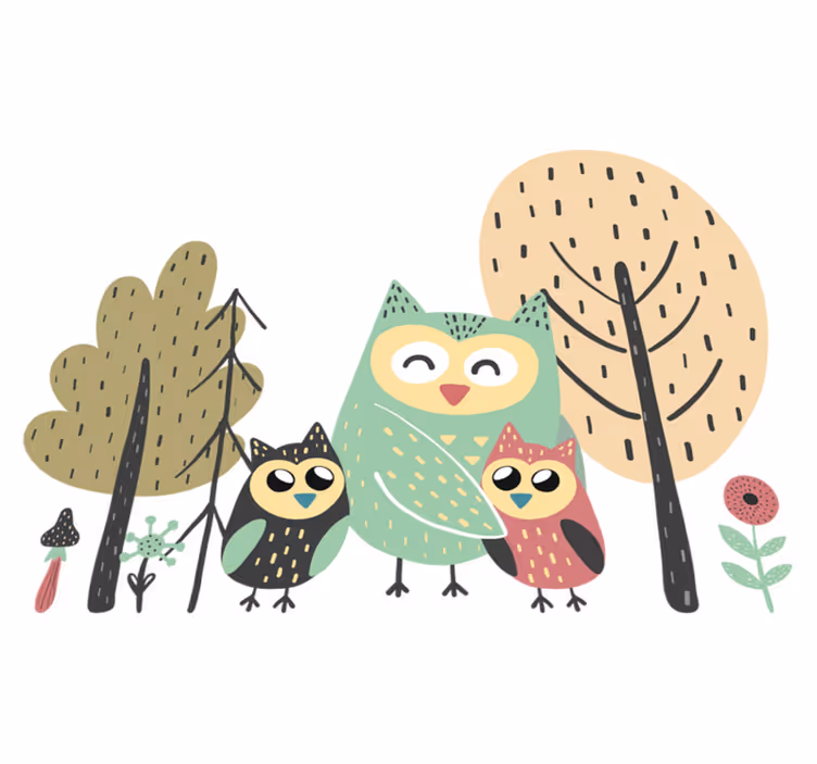 Animal vinyl rug colorful owls in tree - TenStickers