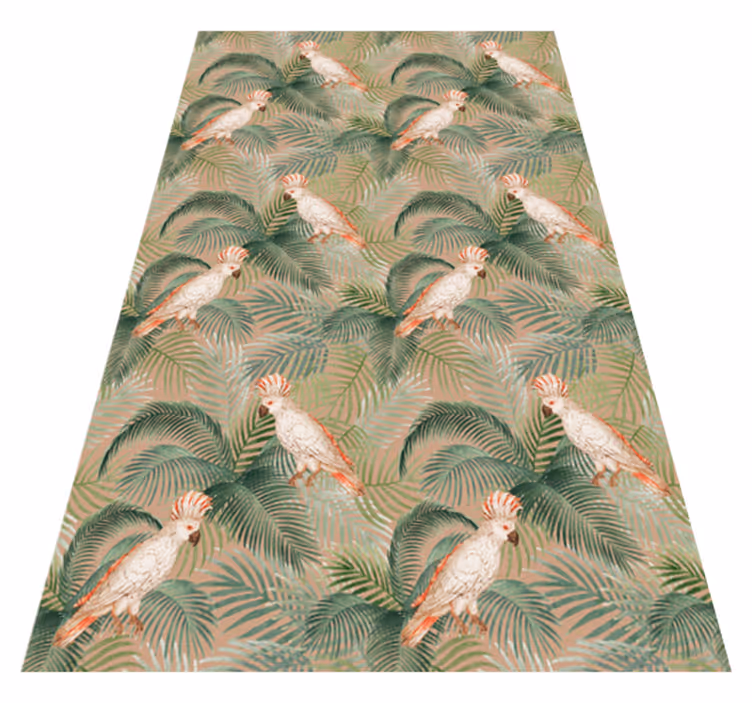 Animal vinyl rug with white parrots on beige palms - TenStickers