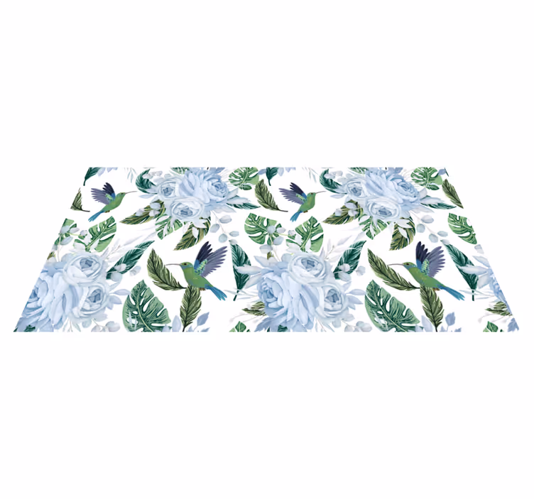 Flower vinyl rug with blue garden flowers and birds - TenStickers