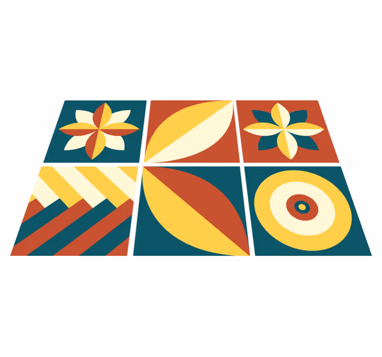 Geometric vinyl rug in green and orange tile pattern - TenStickers