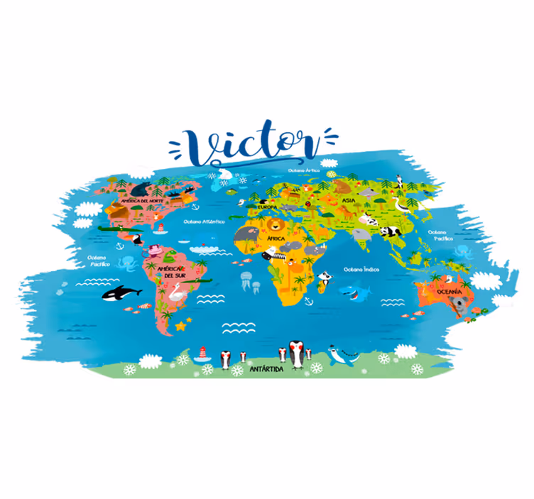 World map vinyl rug with animals in spanish - TenStickers