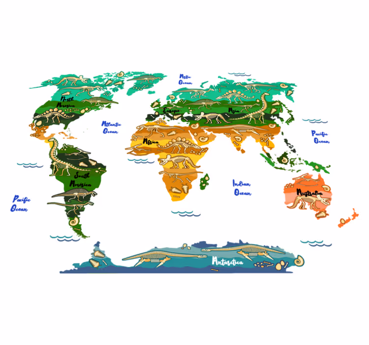 World map vinyl rug with dinosaurs and english names - TenStickers