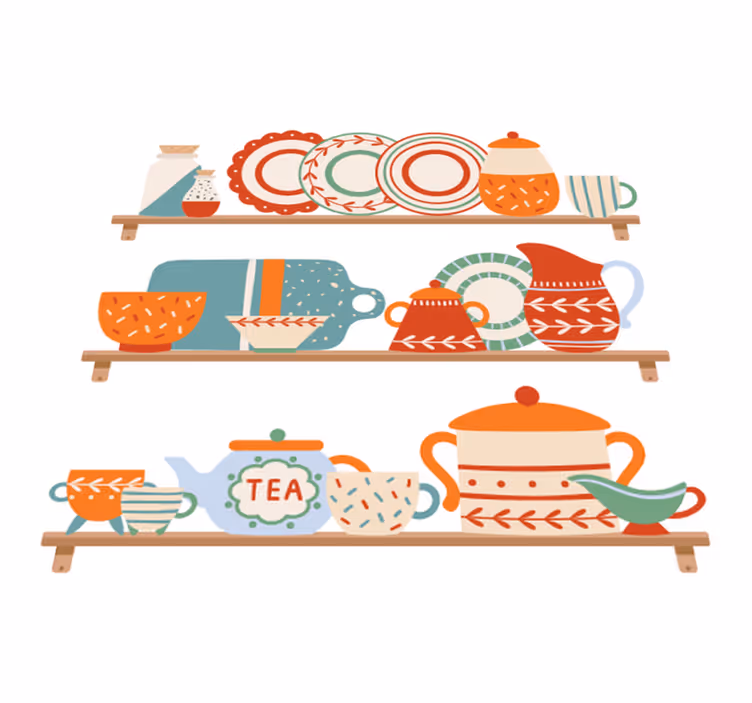 Kitchen vinyl rug kitchen tableware on shelf - TenStickers