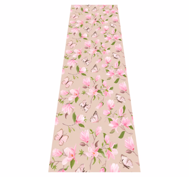 Nature vinyl rug with pink magnolia and butterfly design - TenStickers