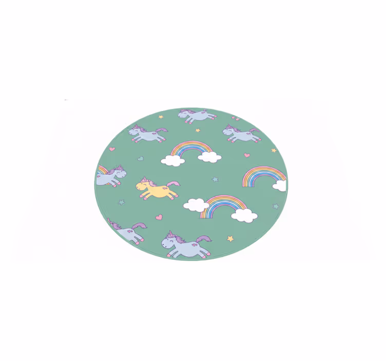 Kids vinyl rug teal background with unicorns and rainbows - TenStickers