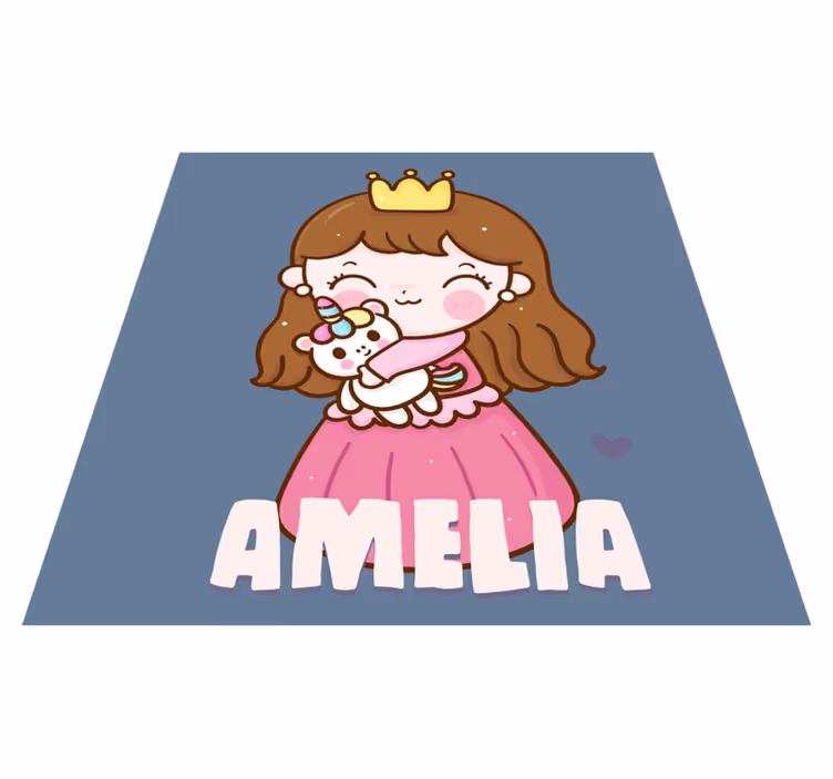 Princess hugging unicorn with name kids vinyl rug - TenStickers