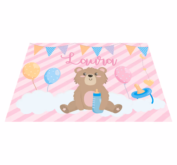 Festive bear with name nursery vinyl rug - TenStickers