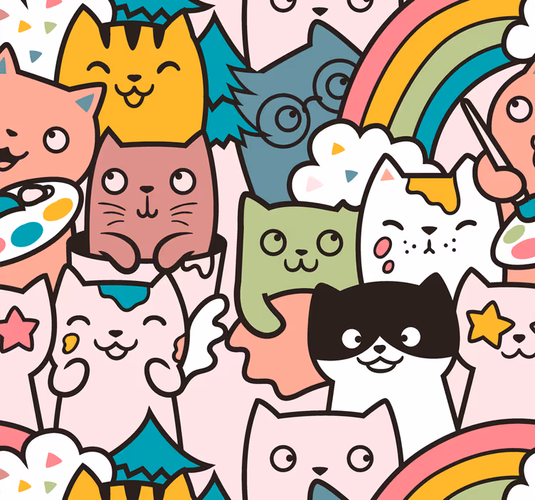 Bedroom wallpaper cat doodle pastel color pattern - TenStickers