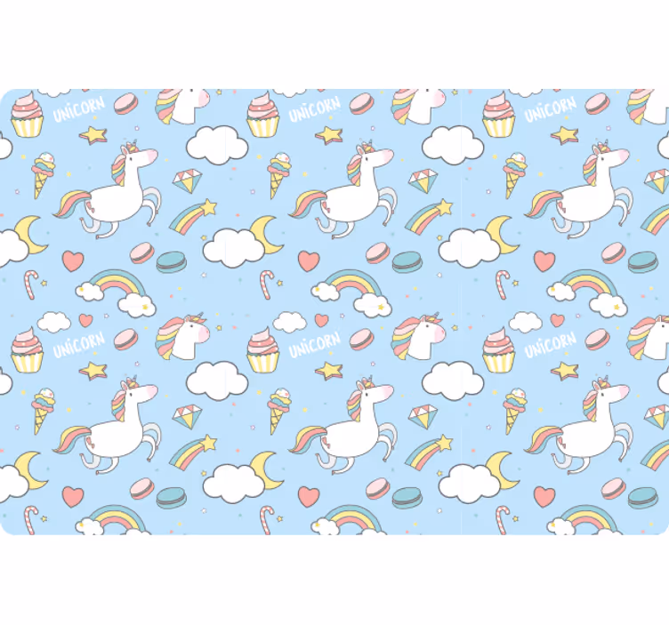 Blue wallpaper featuring cute unicorns and rainbows - TenStickers