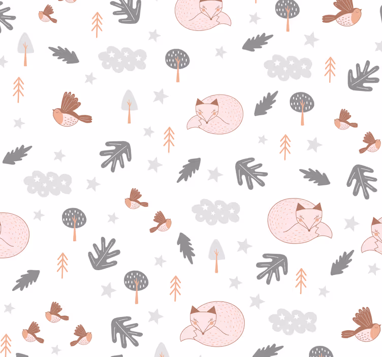 white forest theme fox birds children wallpaper - TenStickers