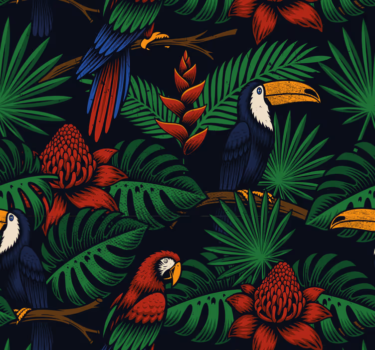 Dark Jungle Plants and Parrots Wallpaper - TenStickers