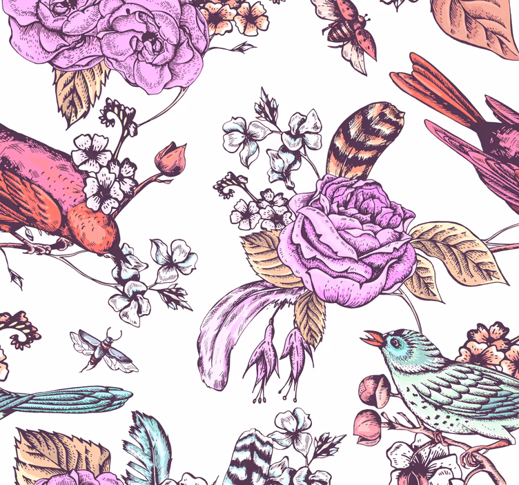 Floral Bird Design flower ornament wallpaper - TenStickers