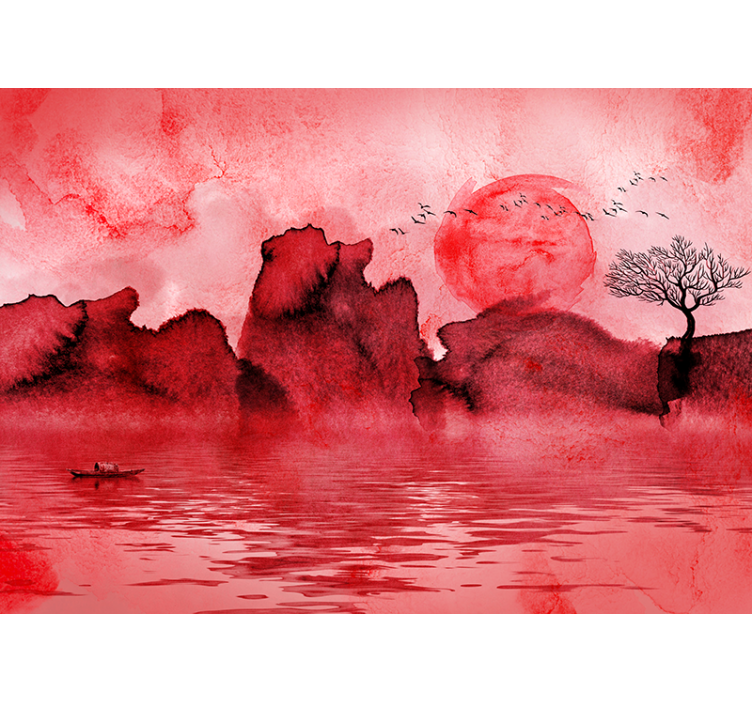 Red roller blind with chinese ink landscape design - TenStickers