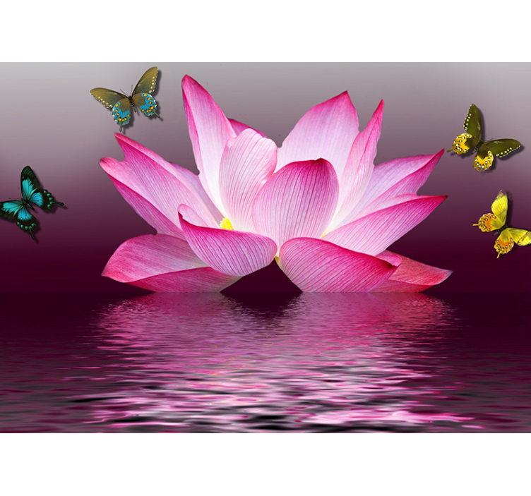 Living room roller blind pink lotus flower butterflies - TenStickers