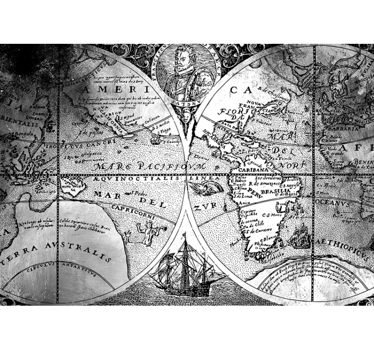 Grey roller blind featuring a black and white world map - TenStickers
