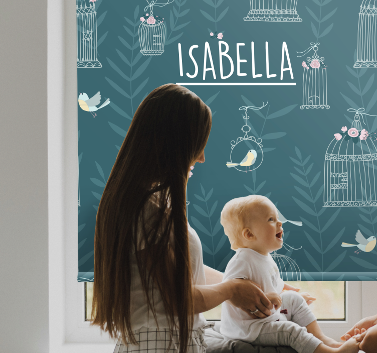 Blue birdcages with name kids roller blind - TenStickers