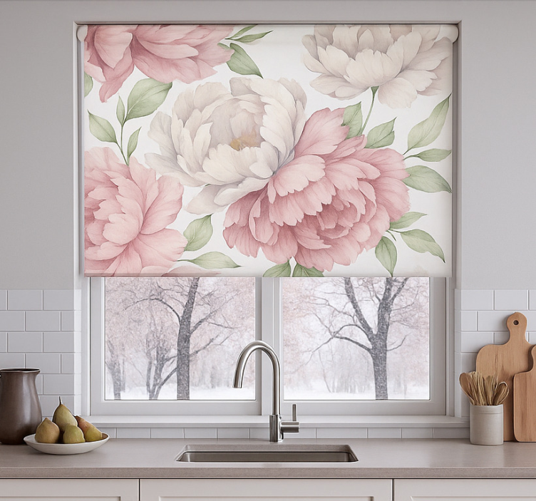 Blushing peony print kitchen roller blind - TenStickers