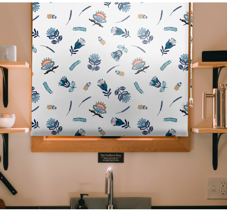 Blue folk art motif floral roller blind - TenStickers