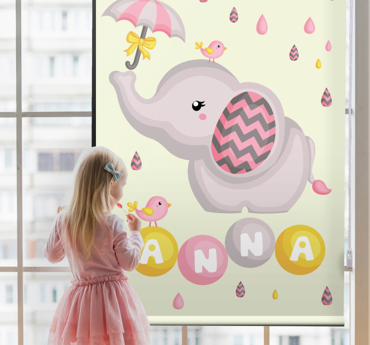 Baby elephant with name and umbrella kids roller blind - TenStickers